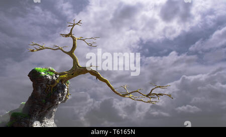 old tree growing on a rock, fairy tale landscape, fantasy 3d illustration background Stock Photo