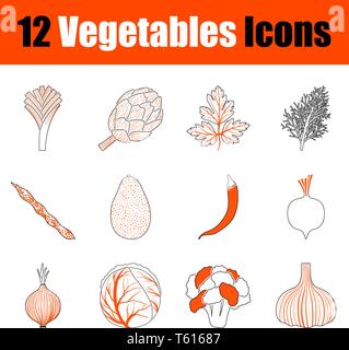 Set of 12 icons on Vegetables theme. Thin Line With Orange Design. Fully editable vector illustration. Text expanded. Stock Vector