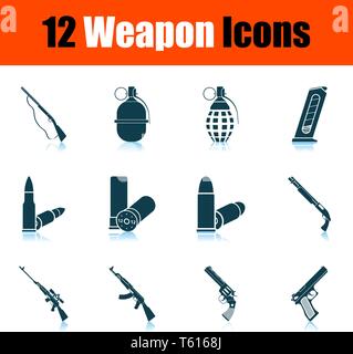 Set of 12 icons on Weapon theme. Blue Shadow Reflection Design. Fully editable vector illustration. Text expanded. Stock Vector