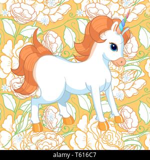 Seamless background with pink roses and cute baby unicorn. Ornamental pattern with beautiful garden floral motif. Great for fabric and textile Stock Vector