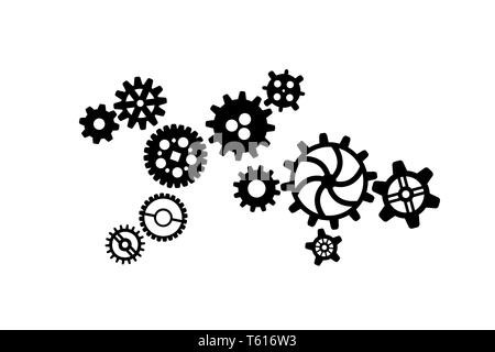 A lot of black different silhouettes of cogwheels, steampunk mechanism isolated on white Stock Vector