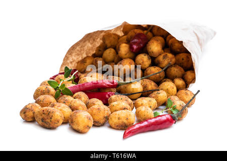 Crispy  chilli peanuts snacks paper bag isolated on white Stock Photo