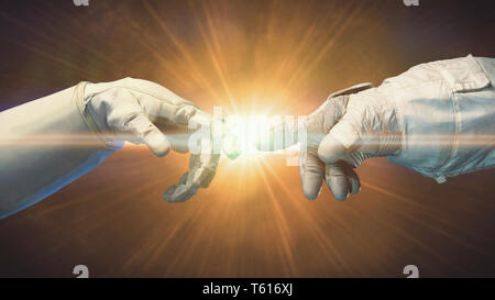 astronaut hands with golden light, spacesuit gloves (3d space concept illustration, elements of this image are furnished by NASA) Stock Photo