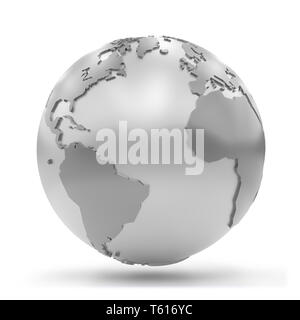 stylized silvery Earth showing Africa, Europe, North America and South America (3d illustration isolated on white background) Stock Photo