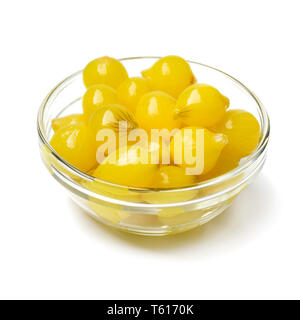 Glass bowl with traditional pickled Amsterdam silverskin onions isolated on white background Stock Photo