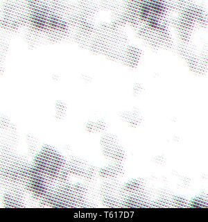 Bright CMYK grunge halftone dots, square pattern isolated on white Stock Vector
