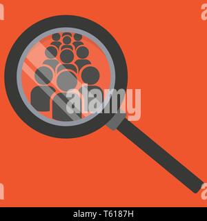 Team search icon. Look at people under a magnifying glass. Vector illustration on color background. Stock Vector