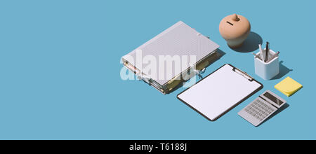 Business management and finance: paperwork, money box, calculator and office supplies, isometric objects, blank copy space Stock Photo