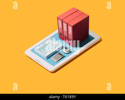 Individual income tax return form, calculator and paperwork on a touch screen smartphone, finance and accounting app Stock Photo