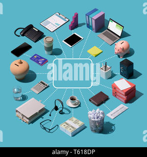 Business, banking and finance conceptual infographic with isometric objects and copy space Stock Photo