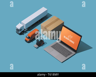 Professional express delivery, warehousing and shipment service: isometric trucks, boxes and laptop Stock Photo