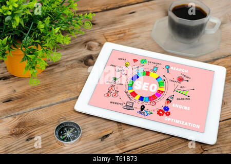 SEO, Search Engine Optimization ranking concept, Tablets placed on the table with text content, compass. The idea of promote traffic to website. Stock Photo