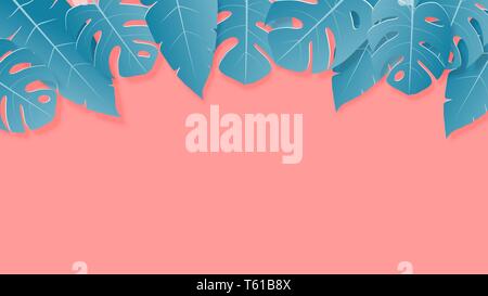 Tropical leaves green and pink pastel colors paper cut style on background with empty space for advertising text. Digital craft paper art for poster,  Stock Vector