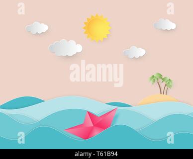 Ocean water wave with origami made sailing boat floating on the sea and sun paper cut style. Leadership recruitment and talent headhunting concept. Stock Vector