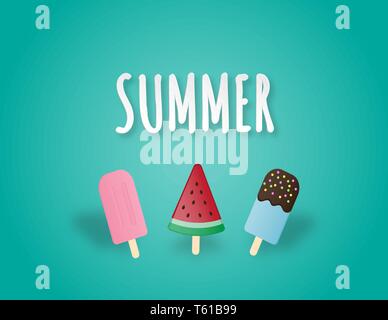 Creative vector illustration dessert with pink strawberry, blue hawaii chocolate and watermelon ice cream. Summer background for poster, postcard, ban Stock Vector