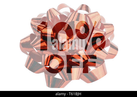 10 percent off symbolic illustration with lettering 10 percent off in front of closeup of a red gift ribbon Stock Photo