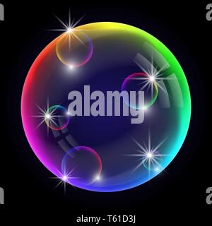 Colorful soap bubble. Vector illustration with transparent black background. Stock Vector