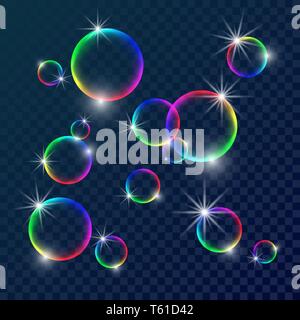 Colorful soap bubbles. Vector illustration with transparent color background. Stock Vector