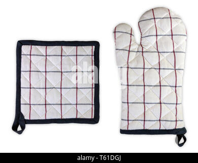 Oven glove and pot mitt holder white with a blue and red check pattern on an isolated white background Stock Photo
