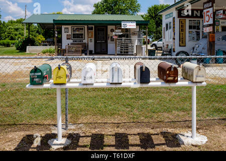 Rural community mailboxes on U.S Route 66 in Paris Junction, Missouri, USA Stock Photo