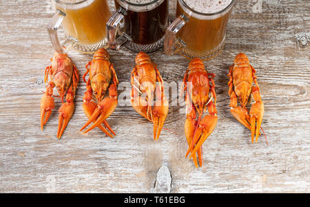 Glass of beer and a boiled crayfishes on plate. Top view Stock Photo