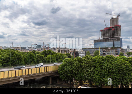 Many new construction high-rise cranes in Paris. France Stock Photo