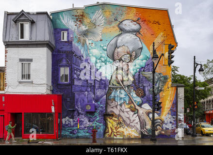 Montreal, Canada -June 24, 2018- Creative graffiti street art murals line the streets and back alleys of Montreal, the largest city in Quebec. Stock Photo