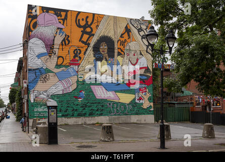 Montreal, Canada -June 24, 2018- Creative graffiti street art murals line the streets and back alleys of Montreal, the largest city in Quebec. Stock Photo