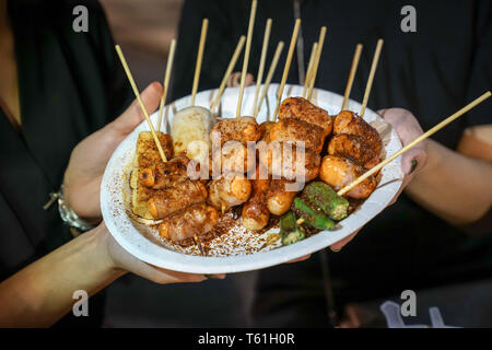 Spicy Mala (Chinese spices) Barbecue pork thai style, Foodtruck, Bangkok, Thailand. Stock Photo