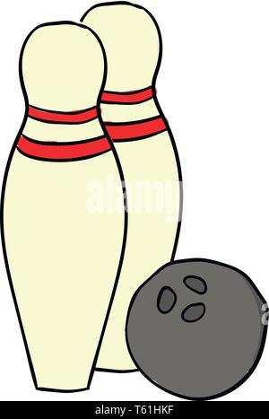 A grey bowling ball next to two yellow bowling pins with two red ribbons on the neck each vector color drawing or illustration Stock Vector