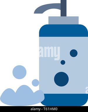 A blue-colored dispenser pump bottle made out of plastic with few circular-shaped designs with some amount of the solution dispensed at the surface wh Stock Vector