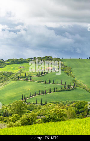 Farmhouse on a hill with a winding road Stock Photo
