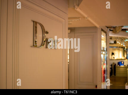 Paris, France, August 18,2018: Dior store of at Galeries Lafayette,Paris. Dior designs and retails ready-to-wear, leather goods, fashion accessories,  Stock Photo