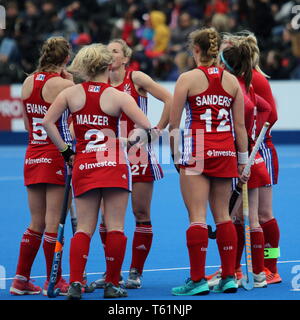 Team tatics in the 2019 FIH Pro League Great Britain v United States women’s hockey match at Queens Elizabeth Olympic Park, London. 27th April 2019. Stock Photo