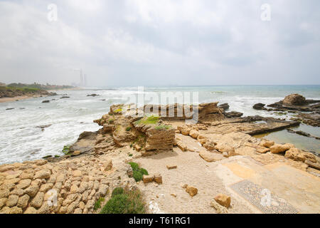 Mosaics of Herod's Palace in the ruins of the ancient Roman city Caesarea at the Mediterranean Coast in Israel Stock Photo