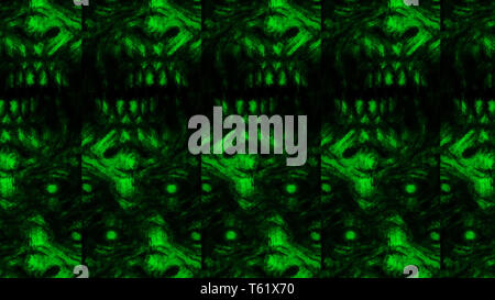 Scary zombie face pattern on black background. Illustration in horror genre. Abstraction monster character face. Green color. Stock Photo