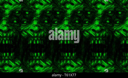 Scary zombie face pattern on black background. Illustration in horror genre. Abstraction monster character face. Green color. Stock Photo