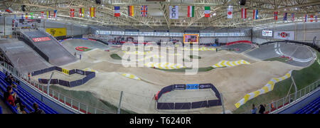 National Cycling Centre, Manchester, UK. 28th Apr, 2019. UCI BMX Supercross World Cup, day 2; Multi-frame panoramic picture of the Manchester BMX track prior to the second day's competition Credit: Action Plus Sports/Alamy Live News Stock Photo