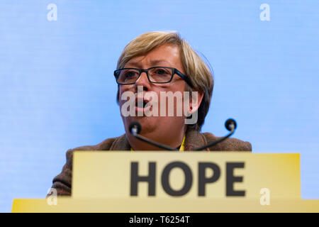 Edinburgh, Scotland, UK. 28 April, 2019. Day 2 of thee SNP ( Scottish National Party) Spring Conference takes place at the EICC ( Edinburgh International Conference Centre) in Edinburgh. Pictured;  Joanna Cherry MP making her address to delegates at the conference Credit: Iain Masterton/Alamy Live News Stock Photo