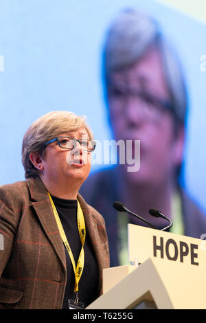 Edinburgh, Scotland, UK. 28 April, 2019. Day 2 of thee SNP ( Scottish National Party) Spring Conference takes place at the EICC ( Edinburgh International Conference Centre) in Edinburgh. Pictured;  Joanna Cherry MP making her address to delegates at the conference Credit: Iain Masterton/Alamy Live News Stock Photo