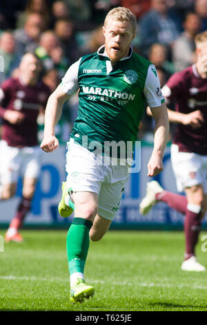 Edinburgh, UK. April 28 2019. Daryl Horgan of Hibernian  during the Ladbrokes Premiership match between Hibernian and Hearts at Easter Road on April 28 2019 in Edinbugh, UK. Editorial use only, licence required for commercial use. No use in Betting, games or a single club/league/player publication. Credit: Scottish Borders Media/Alamy Live News Stock Photo