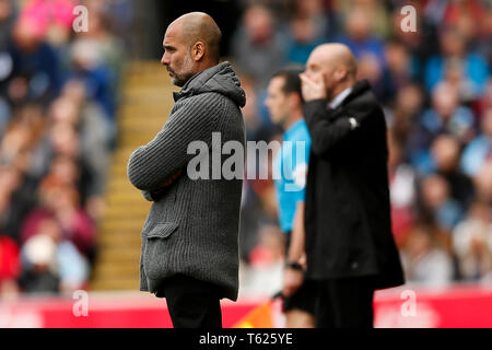 Burnley, UK. 28th Apr, 2019. Manchester City Manager Pep Guardiola during the Premier League match between Burnley and Manchester City at Turf Moor on April 28th 2019. Credit: PHC Images/Alamy Live News Stock Photo