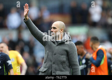 Burnley, UK. 28th Apr, 2019. Manchester City manager Pep Guardiola waves to the fans after the game. Premier League match, Burnley v Manchester City at Turf Moor in Burnley, Lancashire on Sunday 28th April 2019.  this image may only be used for Editorial purposes. Editorial use only, license required for commercial use. No use in betting, games or a single club/league/player publications. pic by Chris Stading/Andrew Orchard sports photography/Alamy Live news Credit: Andrew Orchard sports photography/Alamy Live News Stock Photo