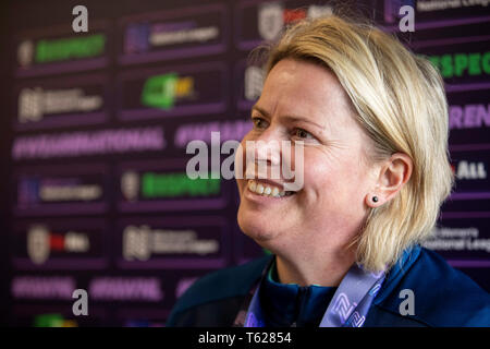 Burton, UK. 28th Apr, 2019. FA Womens National League Cup Final, Crawley Wasps versus Blackburn Rovers; Blackburn Rovers Manager Gemma Donnelly during her post match interview Credit: Action Plus Sports Images/Alamy Live News Stock Photo
