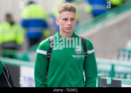 Edinburgh, UK. April 28 2019. Oli Shaw of Hibernian before the Ladbrokes Premiership match between Hibernian and Hearts at Easter Road on April 28 2019 in Edinbugh, UK. Editorial use only, licence required for commercial use. No use in Betting, games or a single club/league/player publication. Credit: Scottish Borders Media/Alamy Live News Stock Photo