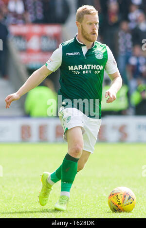 Edinburgh, UK. April 28 2019. Daryl Horgan of Hibernian  during the Ladbrokes Premiership match between Hibernian and Hearts at Easter Road on April 28 2019 in Edinbugh, UK. Editorial use only, licence required for commercial use. No use in Betting, games or a single club/league/player publication. Credit: Scottish Borders Media/Alamy Live News Stock Photo