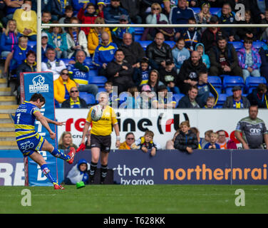 Stefan Ratchford #1 of Warrington Wolves kicks at goal during pre match ...