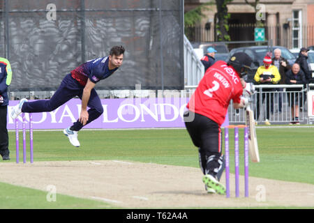 Lancashire, UK. 28th Apr, 2019. Paul Horton drives Jimmy Anderson during the Royal London One-Day Cup match between Lancashire v Leicestershire Foxes at the Emirates Old Trafford Cricket Ground, Manchester, England on 28 April 2019. Photo by John Mallett.  Editorial use only, license required for commercial use. No use in betting, games or a single club/league/player publications. Credit: UK Sports Pics Ltd/Alamy Live News Stock Photo