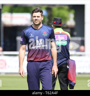 Lancashire, UK. 28th Apr, 2019. Jimmy Anderson during the Royal London One-Day Cup match between Lancashire v Leicestershire Foxes at the Emirates Old Trafford Cricket Ground, Manchester, England on 28 April 2019. Photo by John Mallett.  Editorial use only, license required for commercial use. No use in betting, games or a single club/league/player publications. Credit: UK Sports Pics Ltd/Alamy Live News Stock Photo