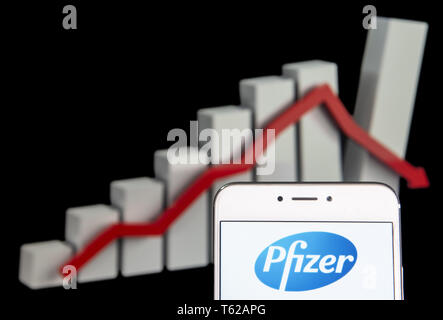 Hong Kong. 20th Apr, 2019. In this photo illustration the American multinational pharmaceutical corporation Pfizer logo is seen on an Android mobile device with a graph showing sharp losses in the background. Credit: Budrul Chukrut/SOPA Images/ZUMA Wire/Alamy Live News Stock Photo